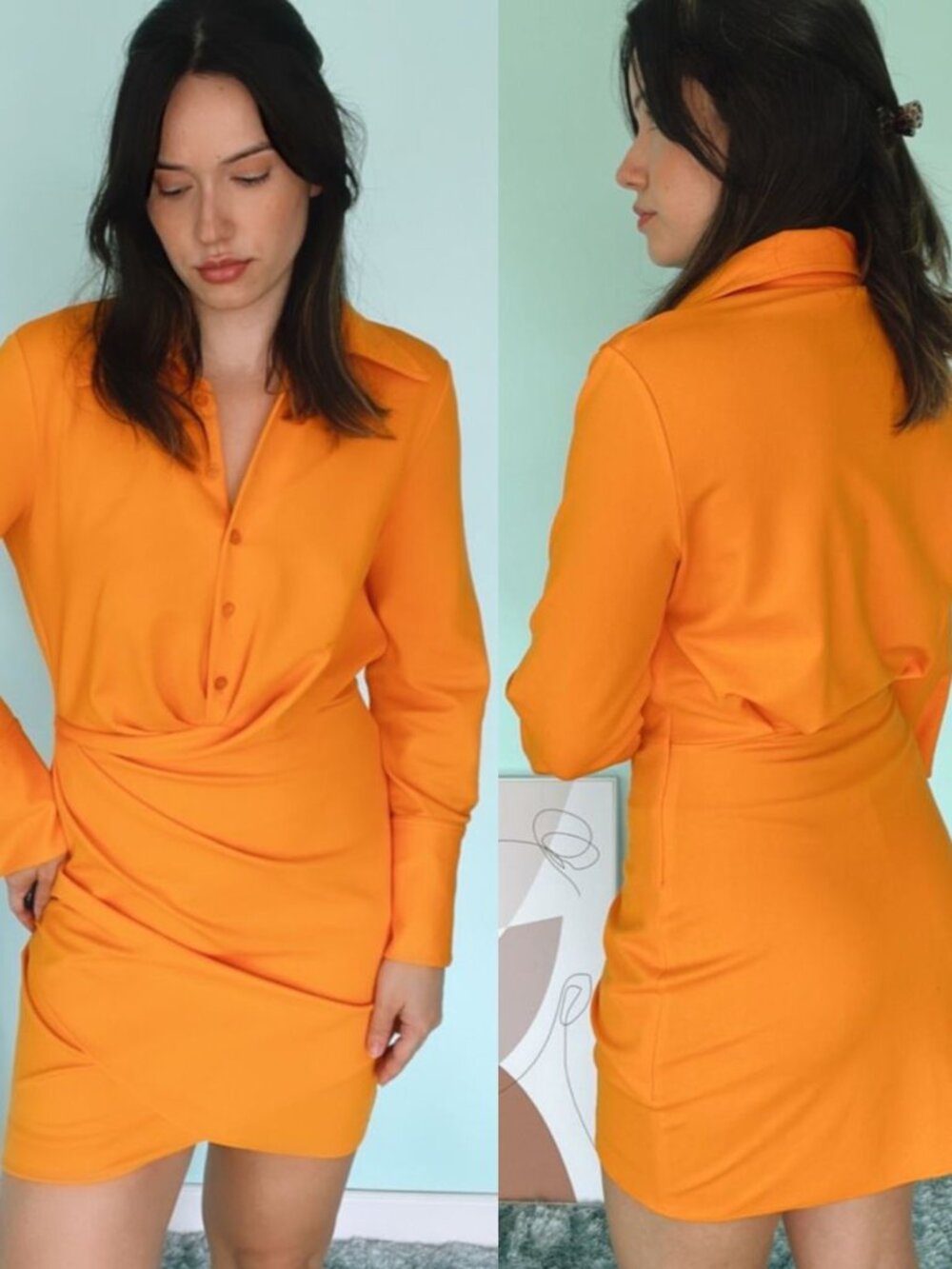 Zara - Draped Short Dress with Ruching 4437/094 | Small | Orange Tangerine - Picture 3 of 14